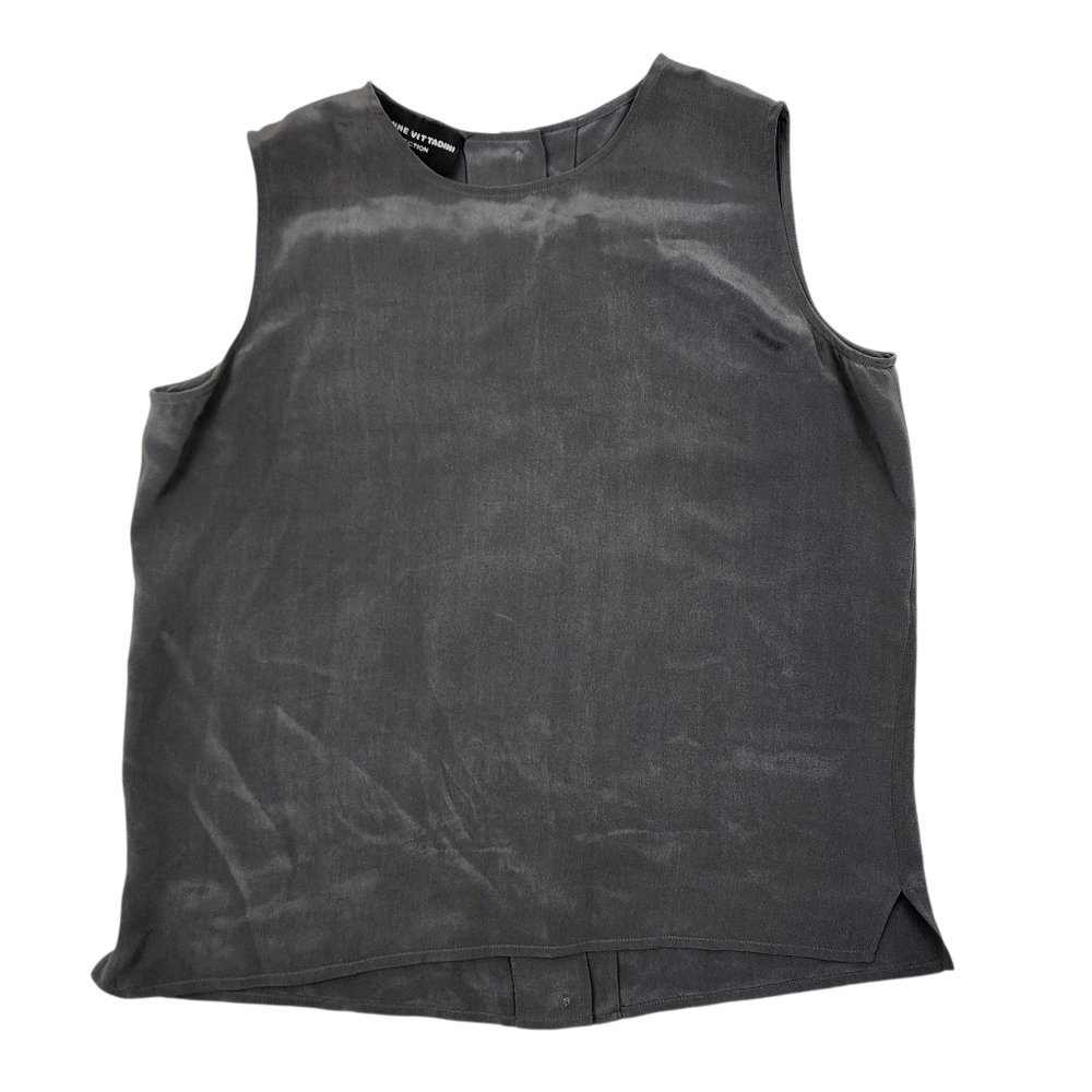 Adrienne Vittadini Silk Blouse Grey Sleeveless Back Button-Up Top Size L